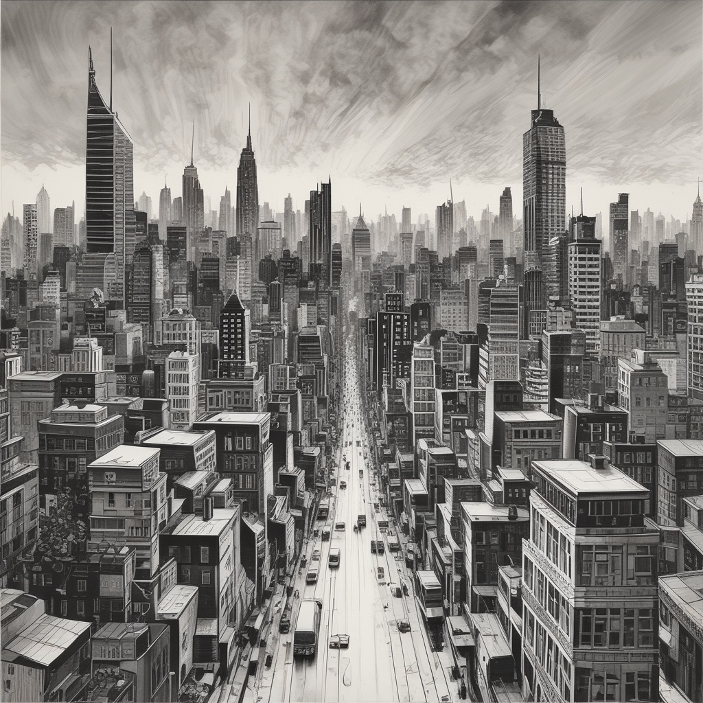 Monochromatic art piece depicting a cityscape